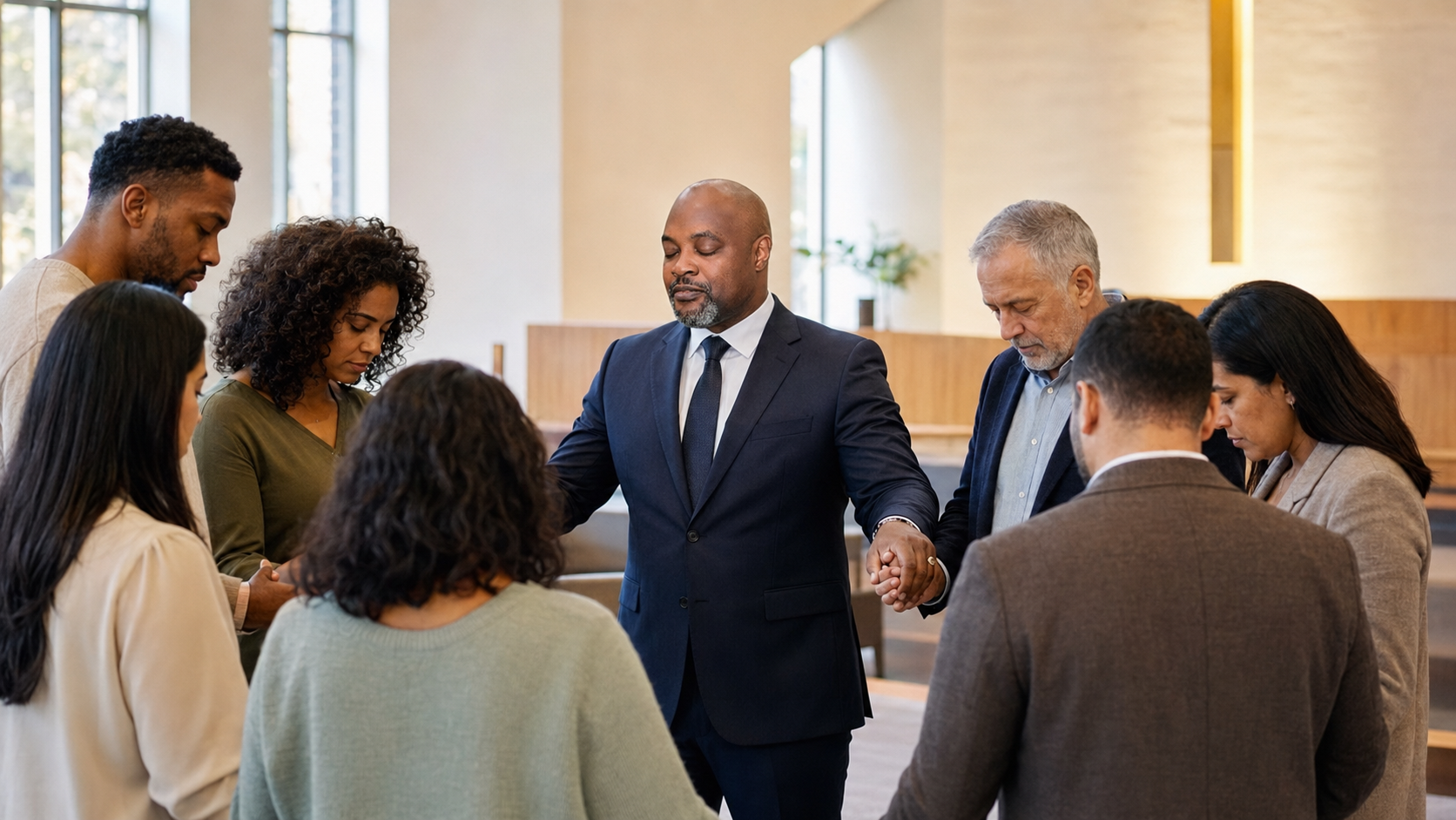 Pastor Nosa Olotu praying with a diverse global community